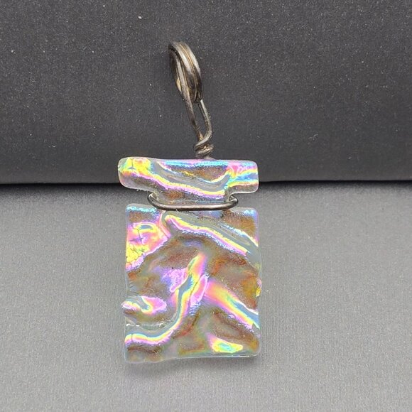 Handmade Dichroic Glass Pendant 1.25x.625" Iridescent Wavy Design Wire Wrapped - Picture 6 of 7